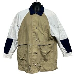 VTG Andy Jones Men's M Colorblock Jacket Beige White Navy Full Snap‎ Front